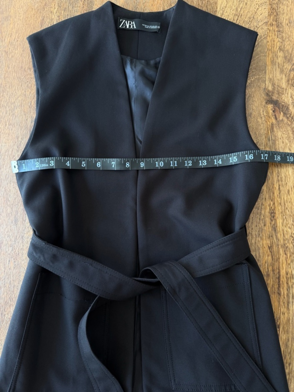 Zara Black Belted Longline Vest Cotton Blend Patch Pockets Small - Picture 10 of 13